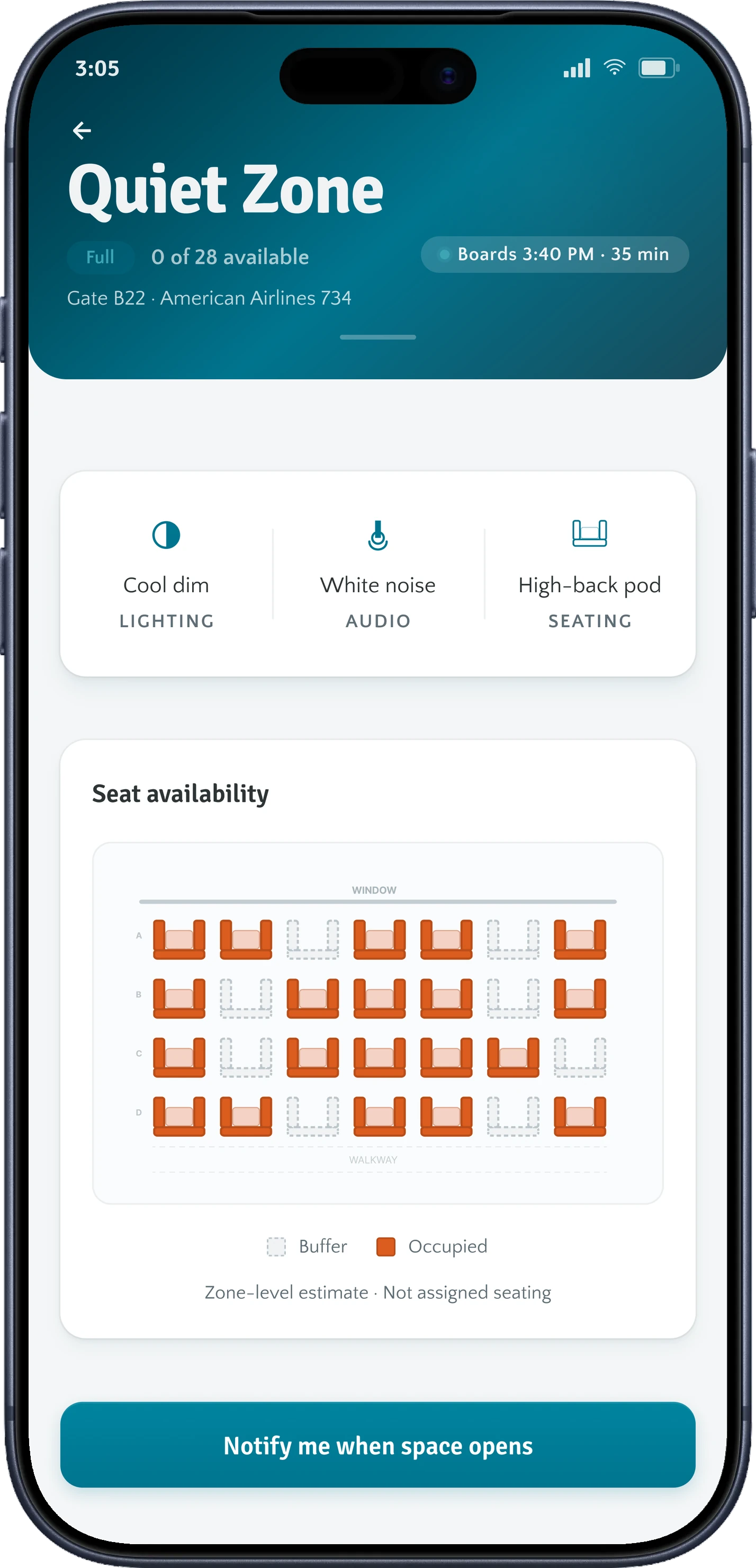 Quiet Zone at zero availability with a notify-me-when-space-opens button